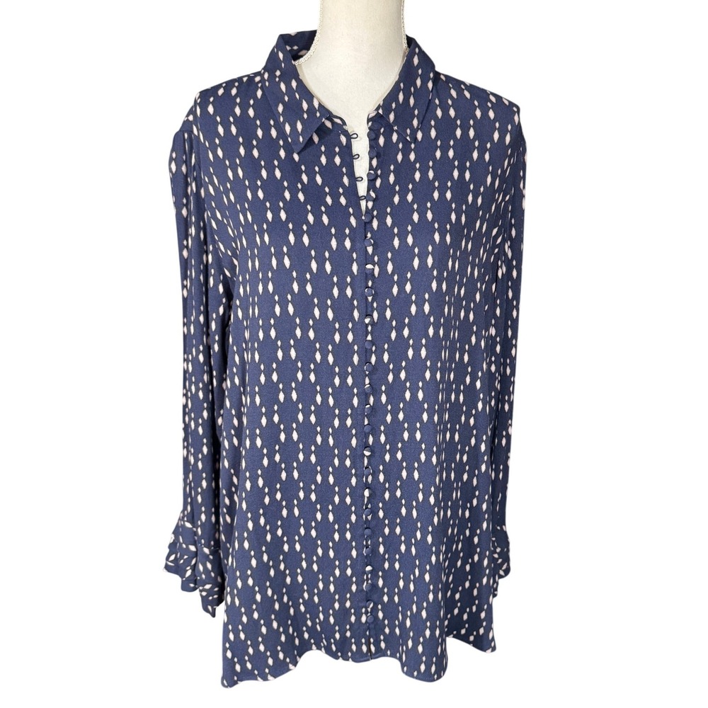 Soft Surroundings 1X Navy Blue Diamond Print‎ Ruffle Cuff Button Poet Blouse NEW